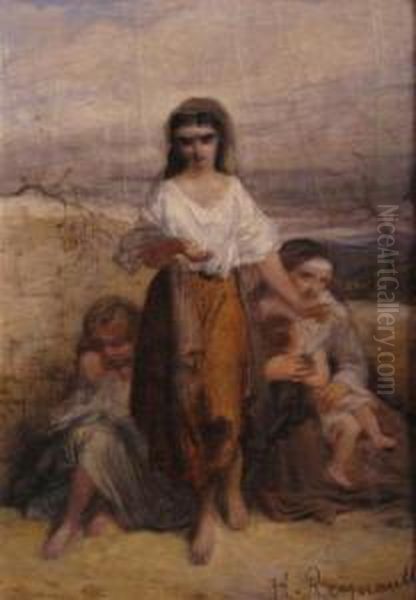 Beggars Oil Painting by E. Reynault