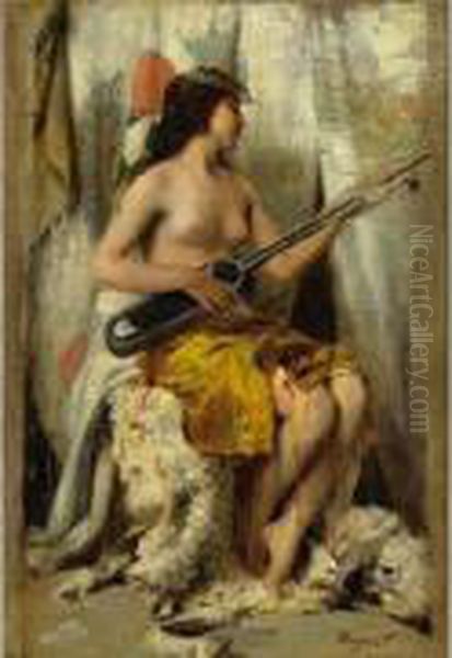 Orientale A La Guitare Oil Painting by E. Reynault