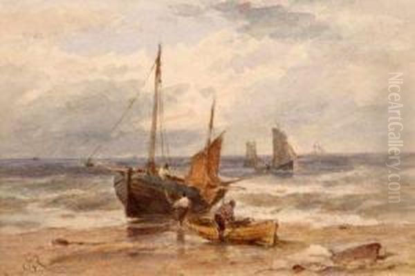 Coastal View With Fishermen By Their Boats Oil Painting by Frederick George Reynolds