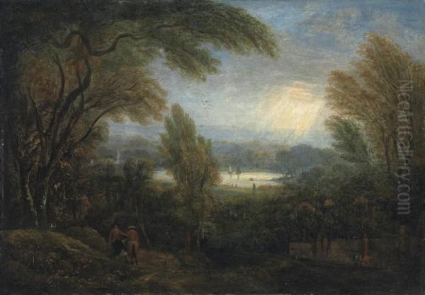 A View Across The Thames From Richmond Hill, With Travellers On A Path Oil Painting by Sir Joshua Reynolds