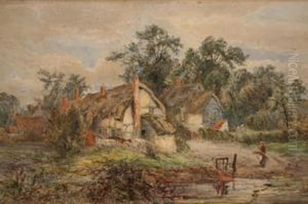 Landscape With Figure Approaching Cottages Oil Painting by Warwick Reynolds