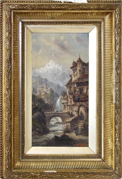 View Of A Alpine Town With A Bridge In The Foreground Oil Painting by Felice A. Rezia