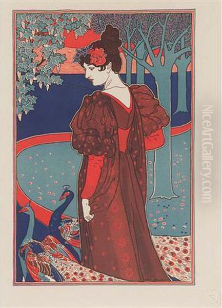 Jane; [maiden With Peacocks]; Advertising In The Sun Gives The Best Results; Read The Sun Oil Painting by Louis John Rhead