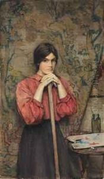 Study Of A Girl In The Artist's Studio Standing Before Atapestry Oil Painting by Henry Maynell Rheam