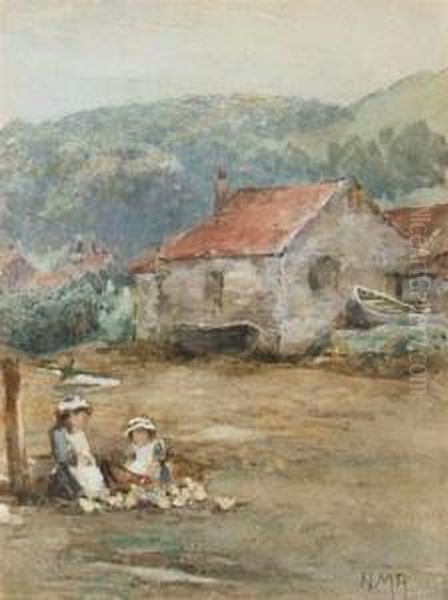 Children With Ducklings By An Estuary - Signed With Initials,watercolour Oil Painting by Henry Maynell Rheam