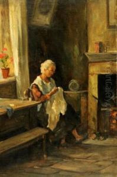 A Domestic Interior Oil Painting by Henry J. Rhodes