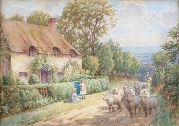 Children Watching The Flock Pass By Oil Painting by Henry J. Rhodes