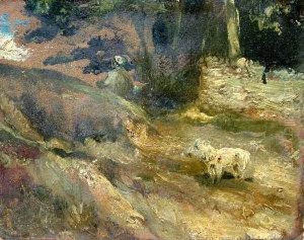 Figure And Sheep In A Landscape, Sketch Oil Painting by John Nicholas Rhodes