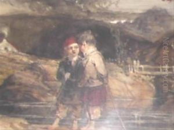 Two Boys Standing By A Stream Oil Painting by John Nicholas Rhodes