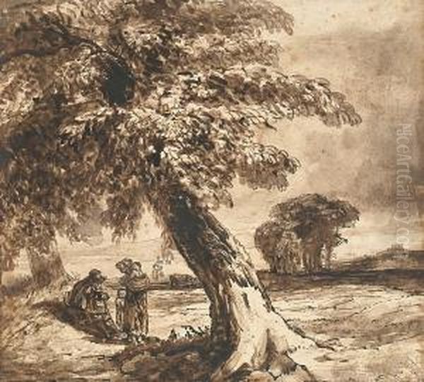 Figures Beneath A Tree Oil Painting by John Nicholas Rhodes