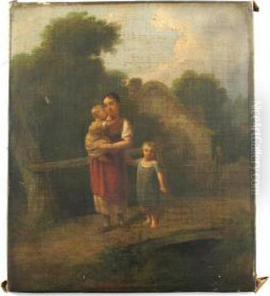 A Woman And Her Two Children On A Bridge Oil Painting by Joseph Rhodes