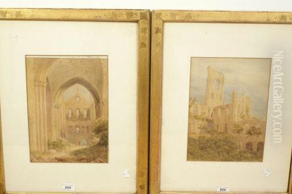 A Pair, Kirkstall Abbey Oil Painting by Joseph Rhodes