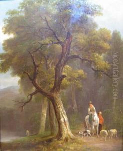 Rhodes, -1854 Travellers With Dog Andsheep On A Woodland Path, Inscribed On Reverse 'rhodes' With An Oldcataloguing Description, Oil On Panel, 29cm By 24cm Oil Painting by Joseph Rhodes