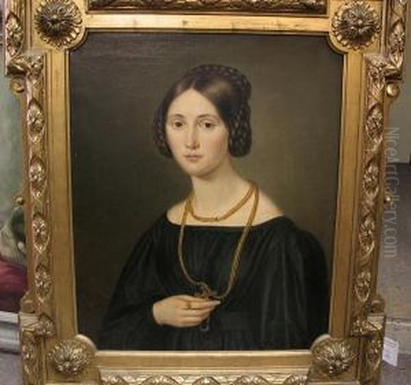 A Portrait Of A Young Woman, Half-length, Wearing A Long Gold Chain With A Cross Oil Painting by Joseph Anton Rhomberg