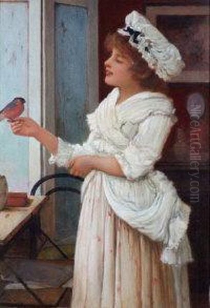 A Young Woman At A Window With A Finch Perched On Her Hand Oil Painting by Oliver Rhys