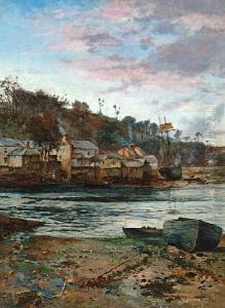 A Coastal Village Oil Painting by Oliver Rhys