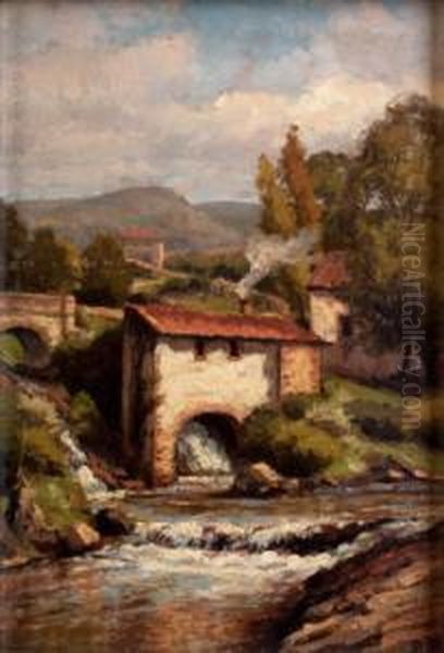 Molino Y Puente De Carretera Oil Painting by Agustin Riancho Y Mora