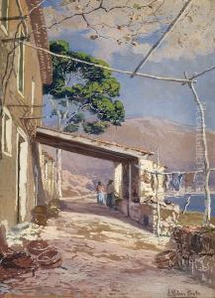 Sommerliche Szene Mit Figurenstaffage Unter Vordach Eines Hauses An Mallorquinischer Bucht Oil Painting by Antonio Ribas Prat