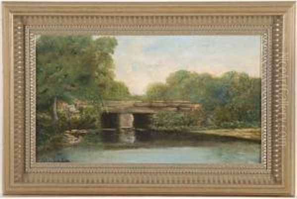 River Landscape With Bridge Oil Painting by John Ribchester