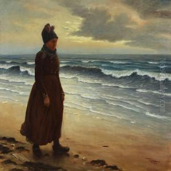 Young Girl From Fanoe Walking Along The Beach Oil Painting by Peder Riber