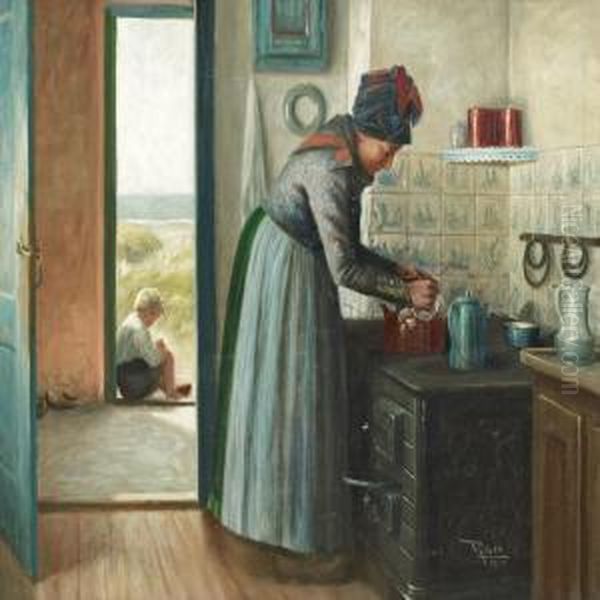 A Fano Woman By The Stove, In The Background A Boy Sitting In An Open Doorway With A View To The Water Oil Painting by Peder Riber