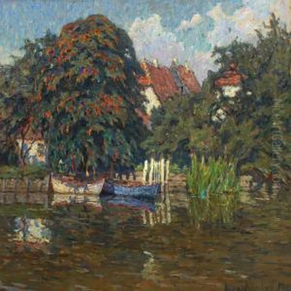 Lake With Boats Oil Painting by Hilmar Riberholt