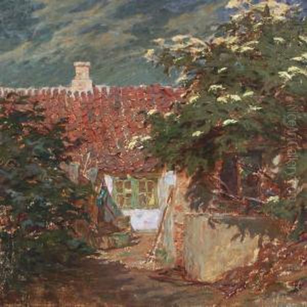 A Garden With Trees In Blossom Oil Painting by Hilmar Riberholt