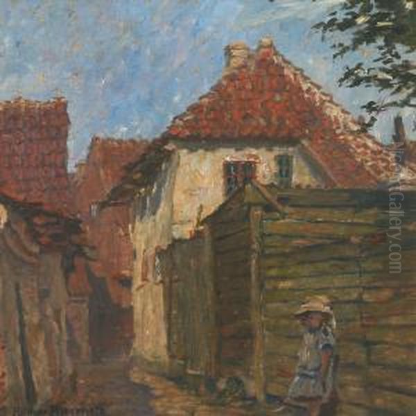 Street Scenery With Girl At A Hoarding, Probably Ribe Oil Painting by Hilmar Riberholt