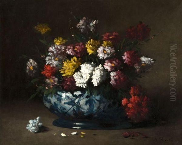 Bouquet De Fleurs Dans Un Vase En Ceramique Bleu Et Blanc Oil Painting by Germain Theodure Clement Ribot