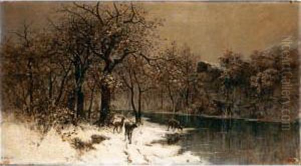 Cervi Nel Bosco Innevato Oil Painting by Prospero Ricca