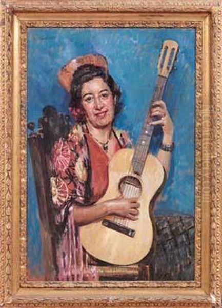 La Suonatrice Di Chitarra Oil Painting by Gaetano Ricchizzi