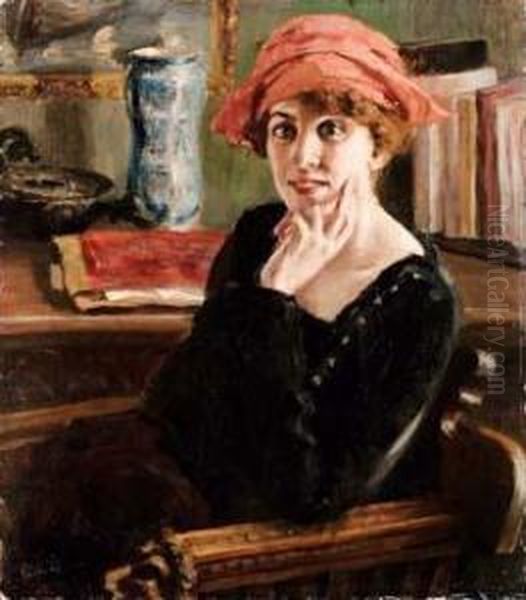 Donna Con Cappello Rosso Oil Painting by Gaetano Ricchizzi