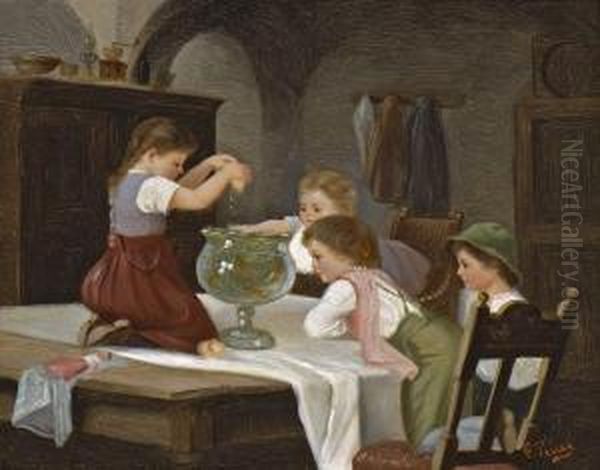 Kinder Mit Goldfischglas Oil Painting by Camillo Ricci