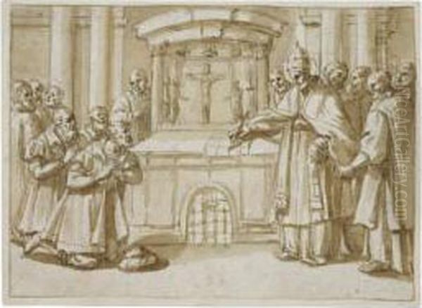 A Pope Drawing Plans On An Altar Oil Painting by Giovanni Battista Ricci