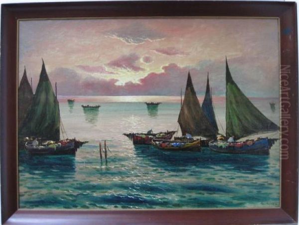 Sailboats At Sunset Oil Painting by Giuseppe Ricci