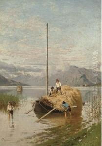 Haybarges On A North Italian Lake Oil Painting by Guido Ricci