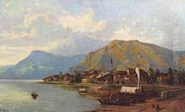 Veduta Di Paese Sul Lago Oil Painting by Guido Ricci