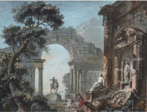 Capriccio Ruins; Seaport With Ruins And Figures Oil Painting by Marco Ricci