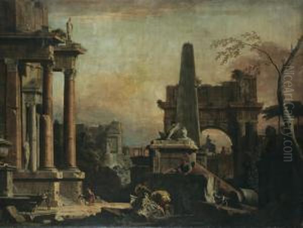 A Capriccio Of Classical Roman Ruins Oil Painting by Sebastiano Ricci