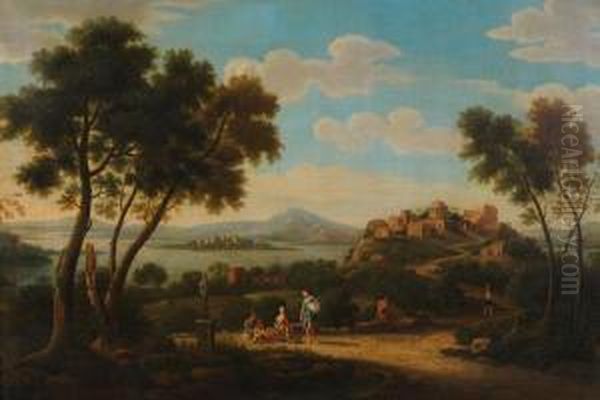 Paesaggio Laziale Con Veduta Fantastica Di Roma Sullo Sfondo Del Lago Trasimeno Oil Painting by Gabriele Ricciardelli