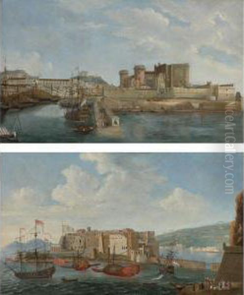 A View Of Castel Dell'ovo From The Bay Of Trentaremi,naples; 
A View Of The Darsena, Naples Oil Painting by Gabriele Ricciardelli