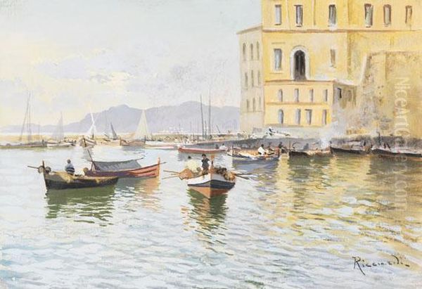 Italienischer Hafen Mit Fischerbooten Oil Painting by Oscar Ricciardi