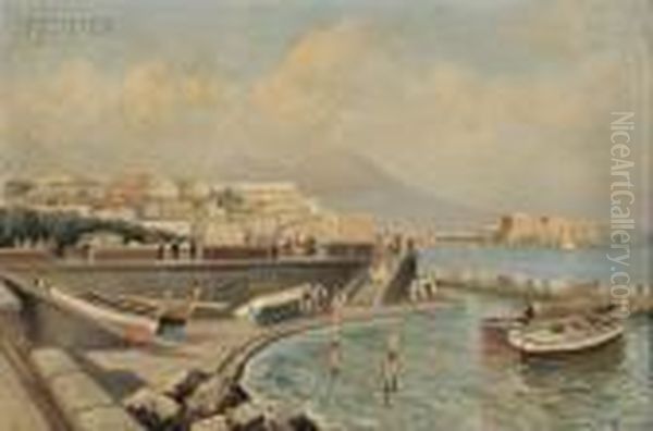 Bustling Harbor, Bay Of Naples Oil Painting by Oscar Ricciardi