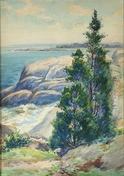 Rocky Coastline With Two Evergreens In The Foreground. Oil Painting by Henry Webster Rice