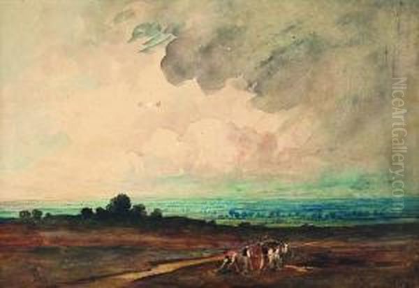 A Gathering Storm 
Peat Gatherers In An Extensive Landscape Oil Painting by Alfred William Rich