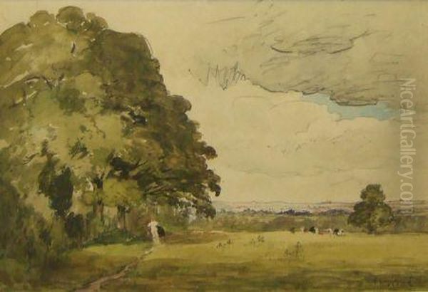 Figure In Meadow With Cattle Beyond Oil Painting by Alfred William Rich