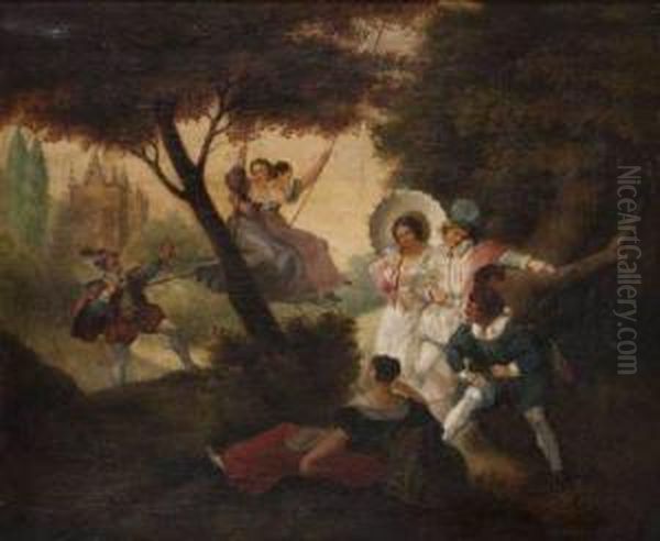 Scene Galante Et Escarpolette Sous Des Frondaisons Oil Painting by Fleury Francois Richard