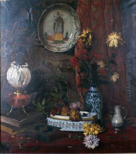 Nature Morte Au Vase De Fleurs, A La Lampe A Petrole Et A L'assiette En Nevers Oil Painting by Victor Richard