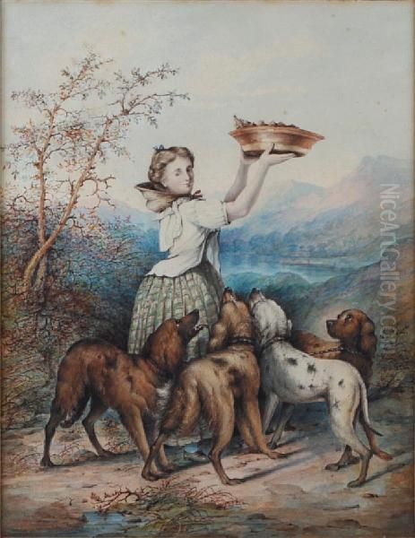 Young Girl And Dogs Before A Landscape Oil Painting by Hetty Richards