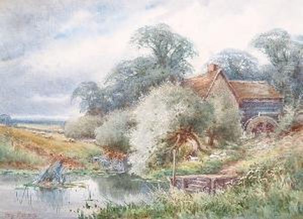 Ducks By A Watermill; A Rural Landscape Oil Painting by Hetty Richards